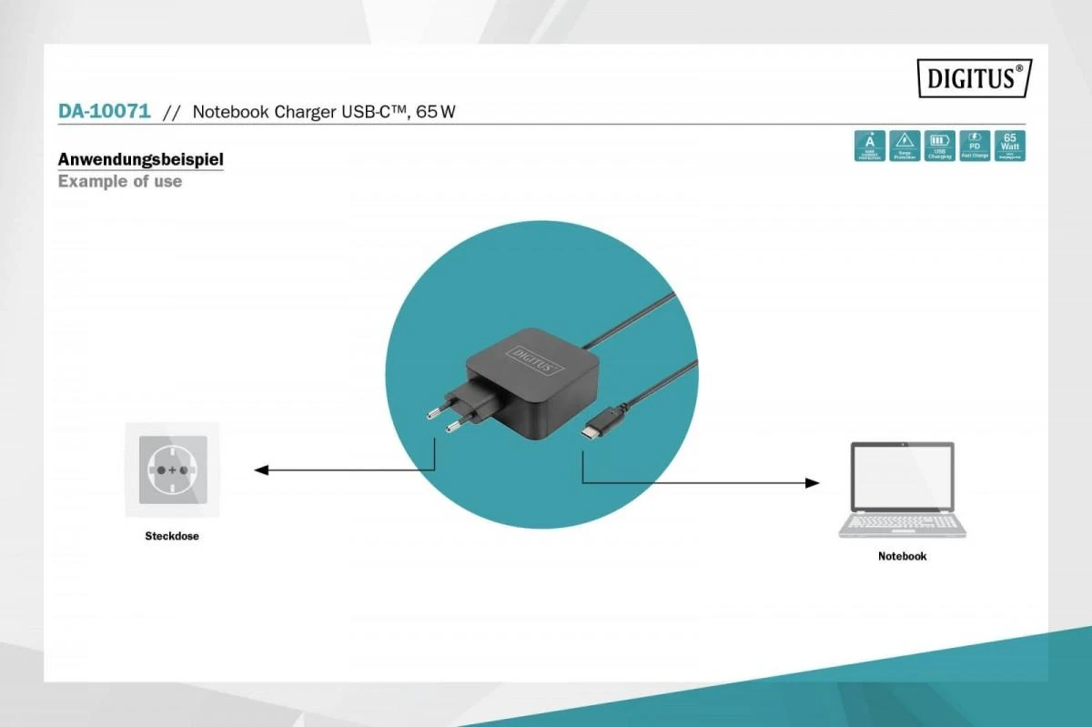 Digitus Skaitmenas | Nešiojamojo kompiuterio įkroviklis USB-C Maitinimo šaltinis 65W PD3.0 | DA-10071 | Juodas