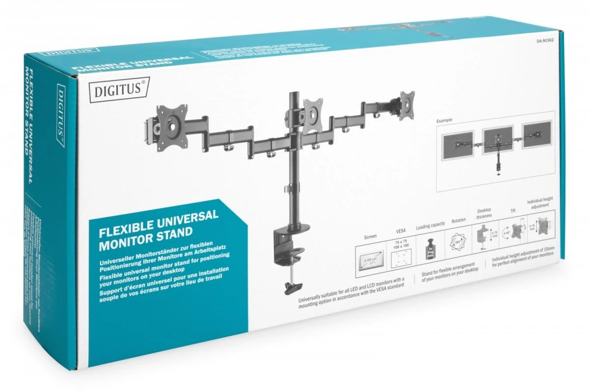 Assmann Electronic DIGITUS Universalus Tripple Monitorius Stovas su tvirtinimo mazgu Triple Monitorius Stalinis laikiklis juodas 90ø Swivel 45ø Tent rotat