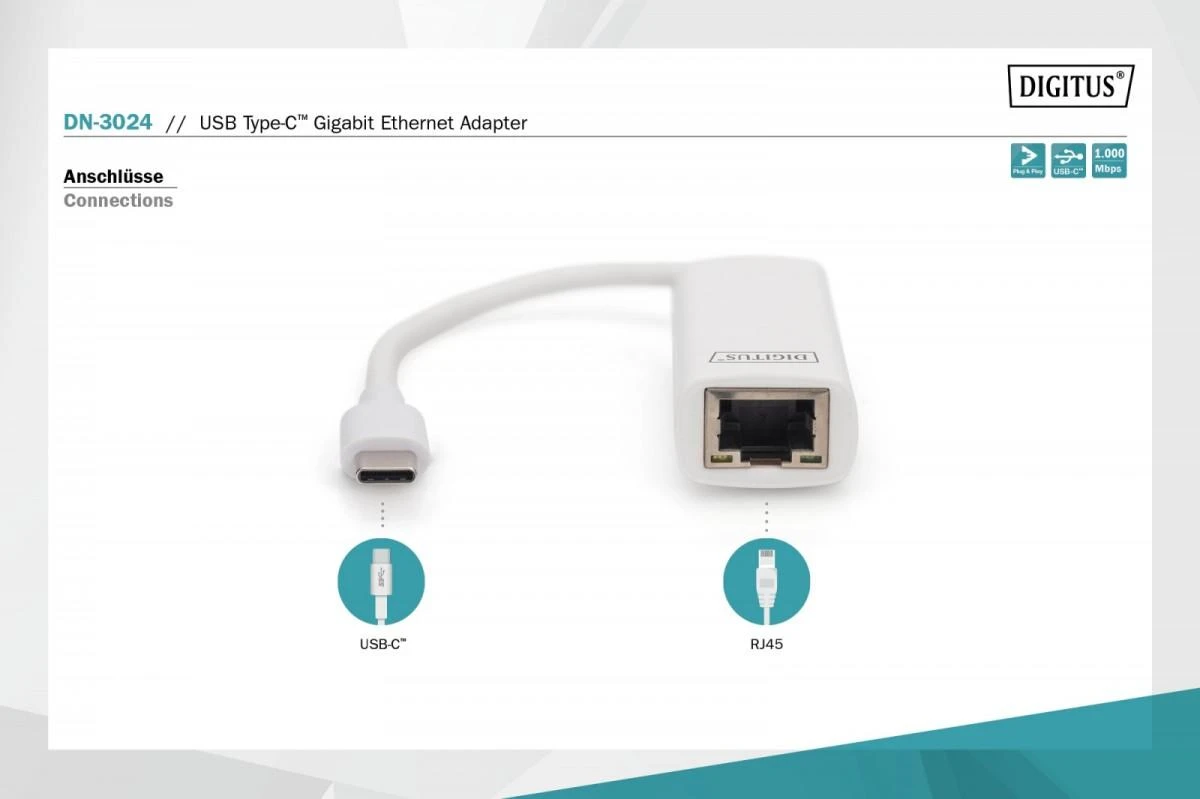 Digitus USB Type C 3.0 Gigabit Ethernet Adapter 10/100/1000 Mbps DN-3024
