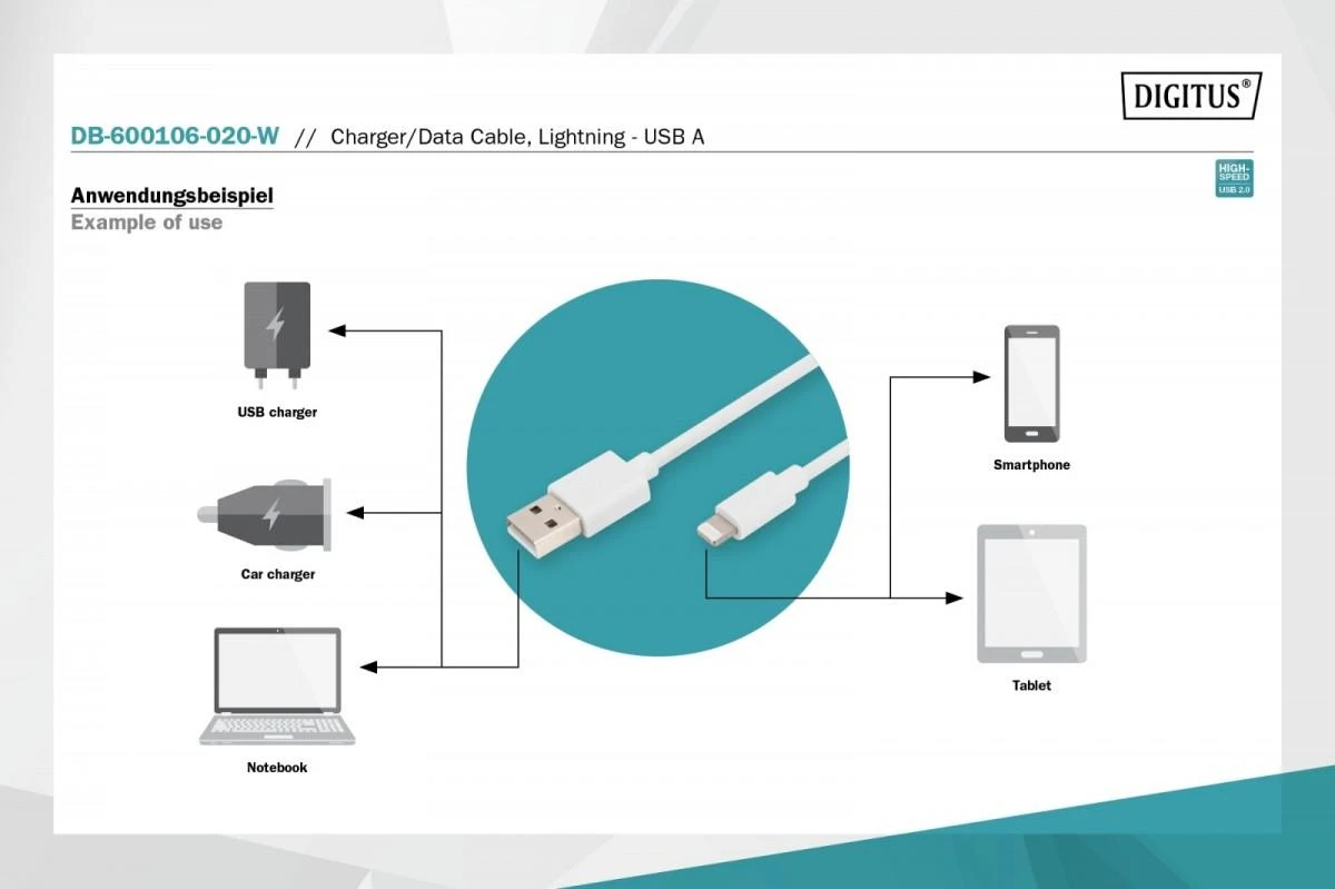 DIGITUS USB-A prie Lightning MFI C89, 2M | Skaitmenas