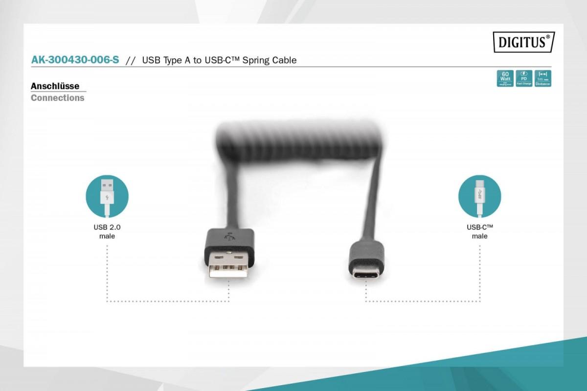 Digitus Skaitmenas | USB 2.0 tipo A į USB C spiralinis kabelis | AK-300430-006-S | USB-A į USB-C USB 2.0 Type A, kištukas | USB C, kištukas