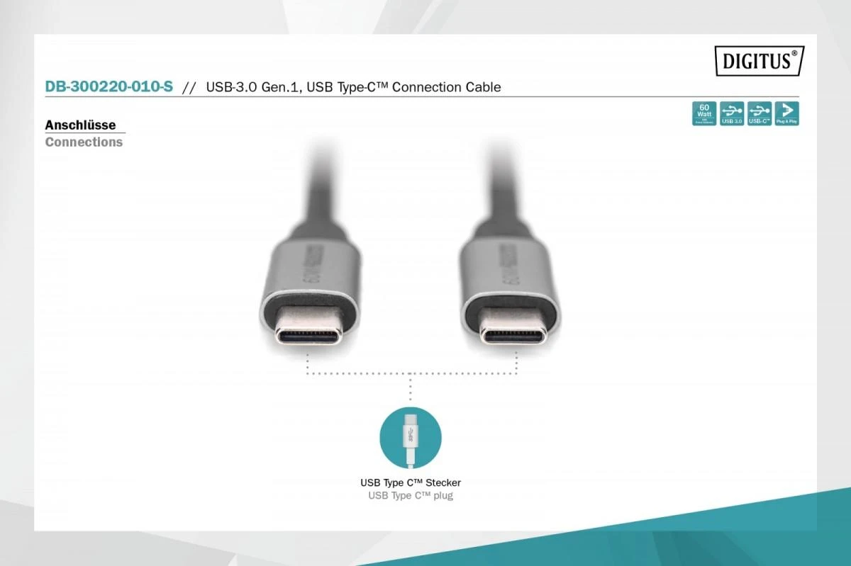 Digitus Skaitmenas | DB-300220-010-S | USB-C į USB-C