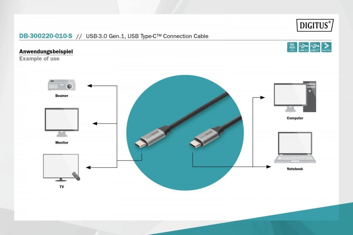 Digitus Skaitmenas | DB-300220-010-S | USB-C į USB-C