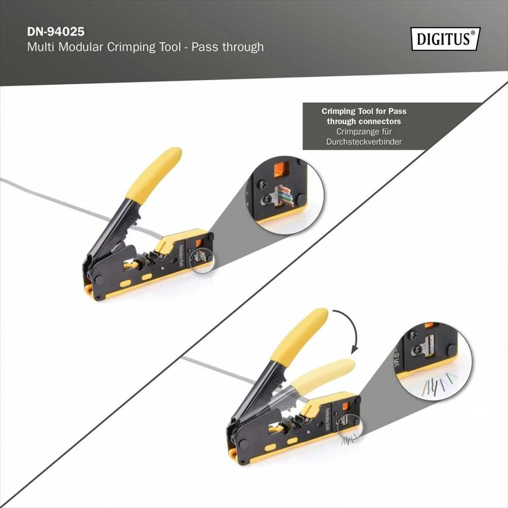 Digitus Suspaudimo įrankis rj45 cat.5e/cat.6, rj12, rj11 įvadiniams kamščiams su kabelių pjovimo ir izoliacijos nuėmimo funkcija