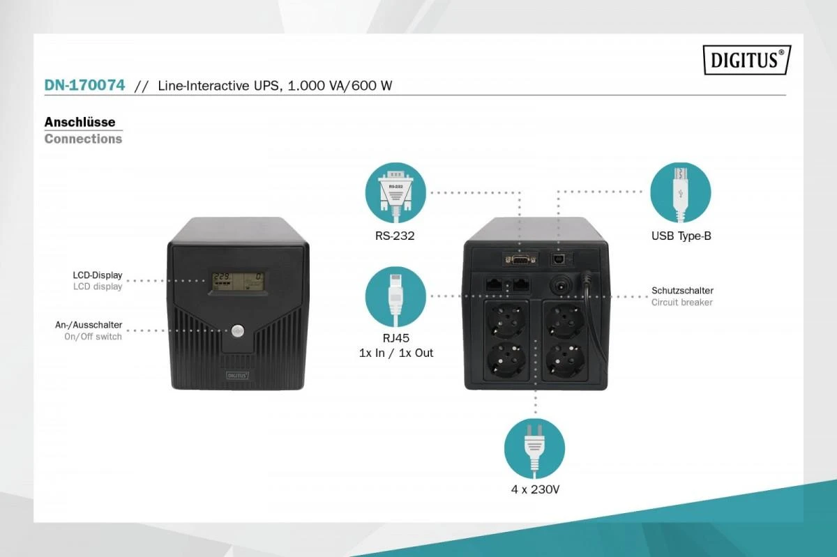 Assmann Electronic DIGITUS Line-Interactive UPS 1000VA/600W 12V/7Ah x2 baterija 4x CEE 7/7 AVR USB RS232 RJ11/RJ45 LCD ekranas