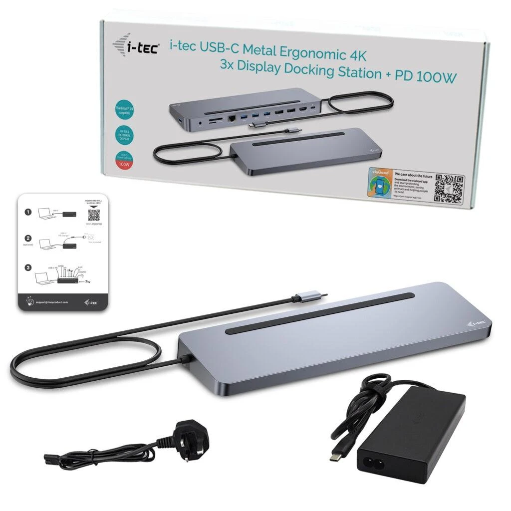 I-TEC USB-C Metal Ergonomic 4K 3x Ekrano prijungimo stotis su PD 100 W + I-tec universalus įkroviklis 100 W