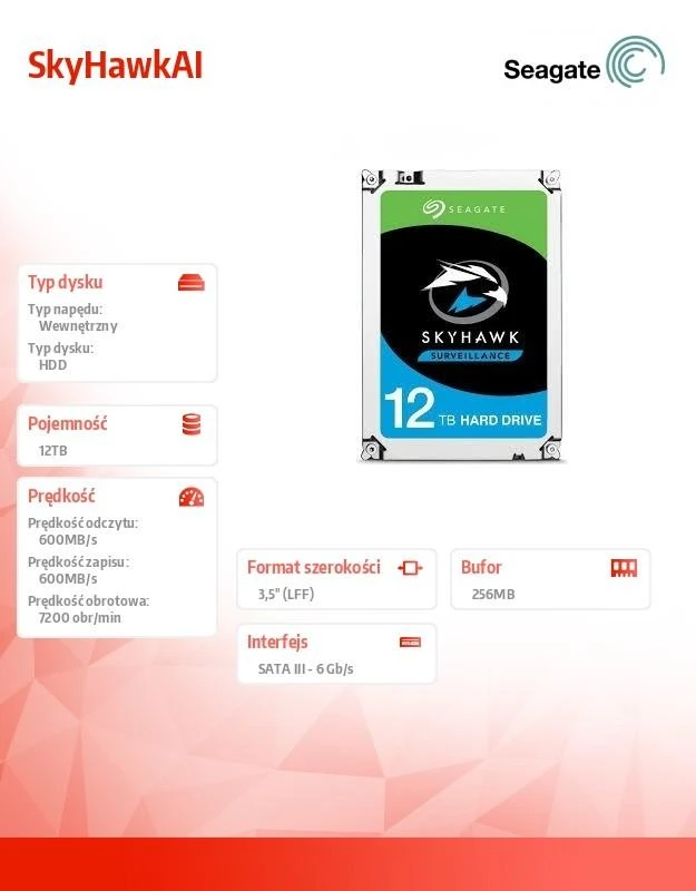 „SEAGATE“ stebėjimo dirbtinio intelekto „Skyhawk“ 12 TB kietasis diskas SATA 6 Gb/s 256 MB talpykla 8,9 cm 3,5 colio CMR helio juodas