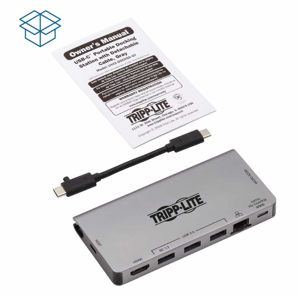 „Eaton Tripp Lite“ USB-C dokas – 4K HDMI, USB 3.2 Gen 1, USB-A šakotuvas, GbE, atminties kortelė, 100 W PD įkrovimas, nuimamas laidas