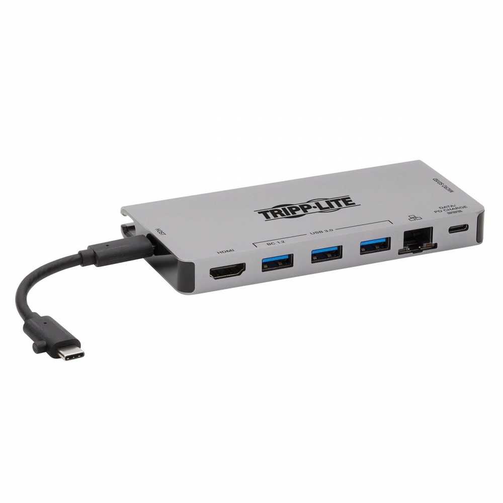 „Eaton Tripp Lite“ USB-C dokas – 4K HDMI, USB 3.2 Gen 1, USB-A šakotuvas, GbE, atminties kortelė, 100 W PD įkrovimas, nuimamas laidas