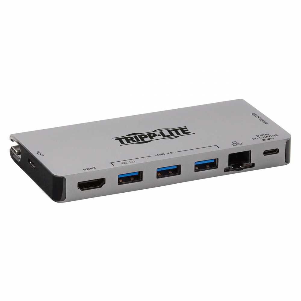 „Eaton Tripp Lite“ USB-C dokas – 4K HDMI, USB 3.2 Gen 1, USB-A šakotuvas, GbE, atminties kortelė, 100 W PD įkrovimas, nuimamas laidas