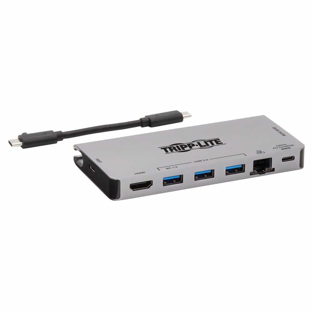 „Eaton Tripp Lite“ USB-C dokas – 4K HDMI, USB 3.2 Gen 1, USB-A šakotuvas, GbE, atminties kortelė, 100 W PD įkrovimas, nuimamas laidas
