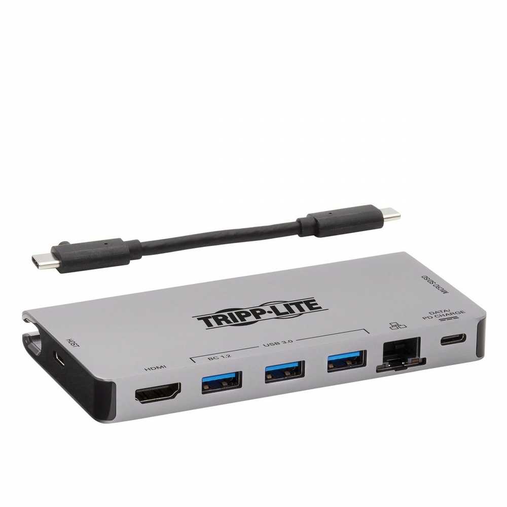 „Eaton Tripp Lite“ USB-C dokas – 4K HDMI, USB 3.2 Gen 1, USB-A šakotuvas, GbE, atminties kortelė, 100 W PD įkrovimas, nuimamas laidas