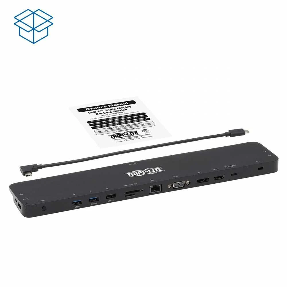 „Eaton Tripp Lite“ USB-C dokas, trigubas „Ekranas“ – 4K HDMI ir DP, VGA, USB 3.2 Gen 1, USB-A/C šakotuvas, GbE, 100 W PD įkrovimas