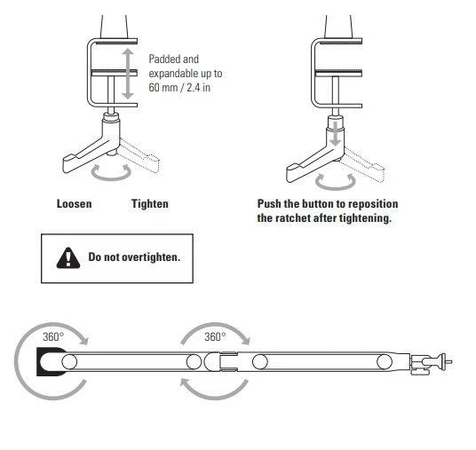 Elgato | Wave Mic Arm | 10AAN9901 | Viršutinės rankos darbo stalo prošvaisa (160 mm); Apatinės rankos darbo stalo prošvaisa (70 mm); Horizontalus siekis (740 mm); Vertikalus sukimas (90 ° aukštyn / 60 ° žemyn (alkūnė); Stalinis spaustukas išplečiamas iki 60 mm | Žemas profilis
