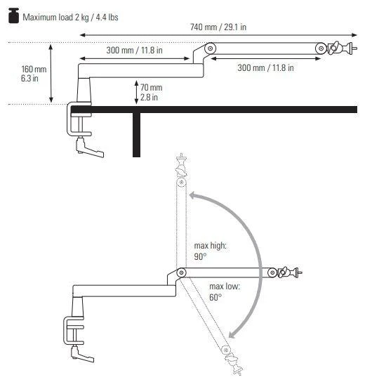 Elgato | Wave Mic Arm | 10AAN9901 | Viršutinės rankos darbo stalo prošvaisa (160 mm); Apatinės rankos darbo stalo prošvaisa (70 mm); Horizontalus siekis (740 mm); Vertikalus sukimas (90 ° aukštyn / 60 ° žemyn (alkūnė); Stalinis spaustukas išplečiamas iki 60 mm | Žemas profilis