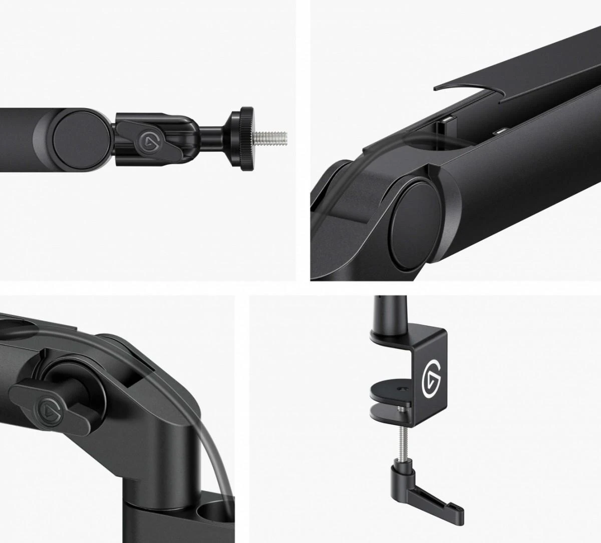 Elgato | Wave Mic Arm | 10AAN9901 | Viršutinės rankos darbo stalo prošvaisa (160 mm); Apatinės rankos darbo stalo prošvaisa (70 mm); Horizontalus siekis (740 mm); Vertikalus sukimas (90 ° aukštyn / 60 ° žemyn (alkūnė); Stalinis spaustukas išplečiamas iki 60 mm | Žemas profilis