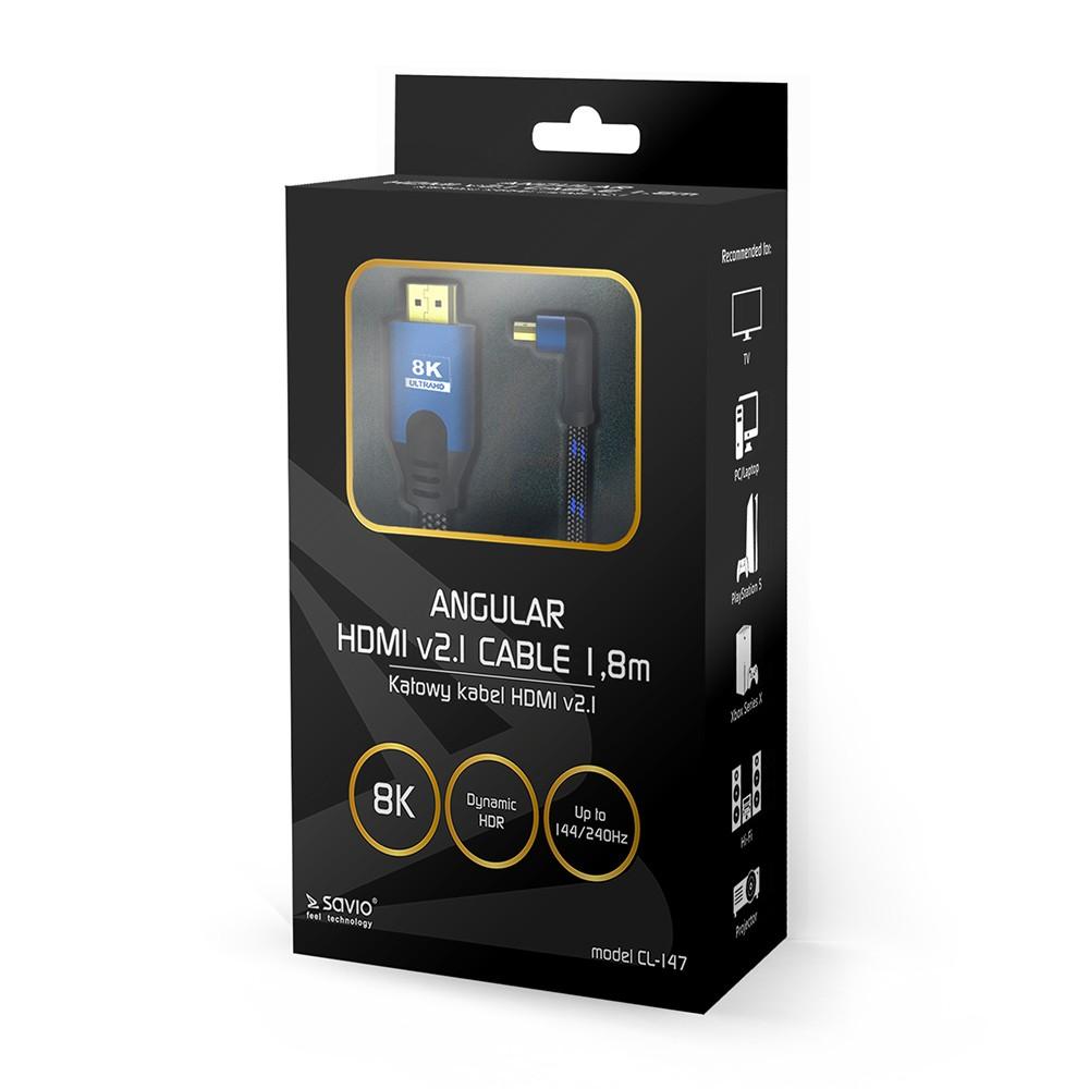 HDMI-HDMI v2.1 kabelis, 1,8 m, 8K, kampinis, OFC, varis, paauksuotas, Ethernet / 3D CL-147 SAVIO Mėlyna-juoda