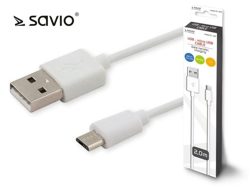 USB Kabelis - Savio CL-124 Micro USB 2.0 2m Baltas