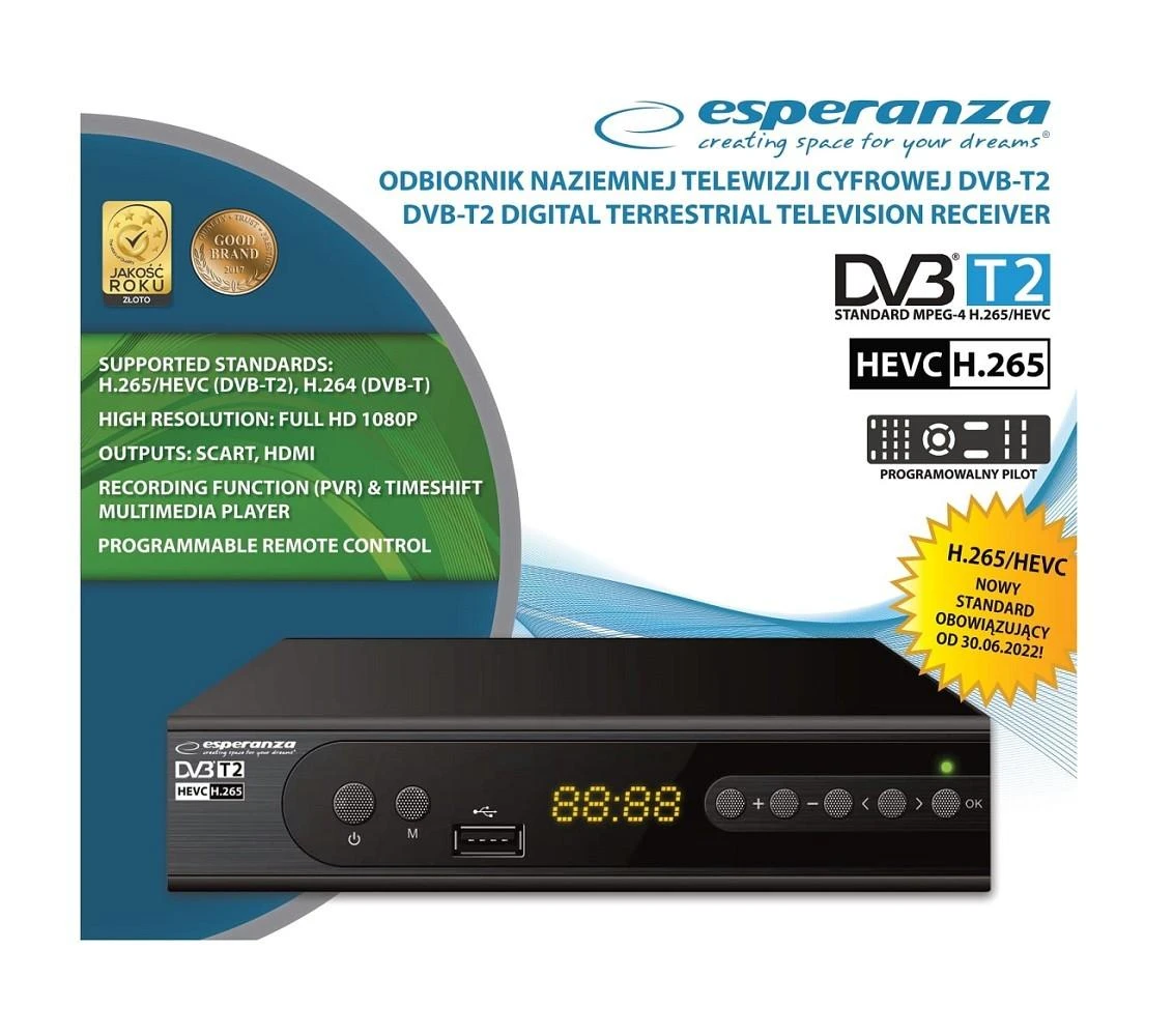 Priedėlis „Esperanza EV106P HDMI USB 2.0 Timeshift DVB-T2 Juodas“