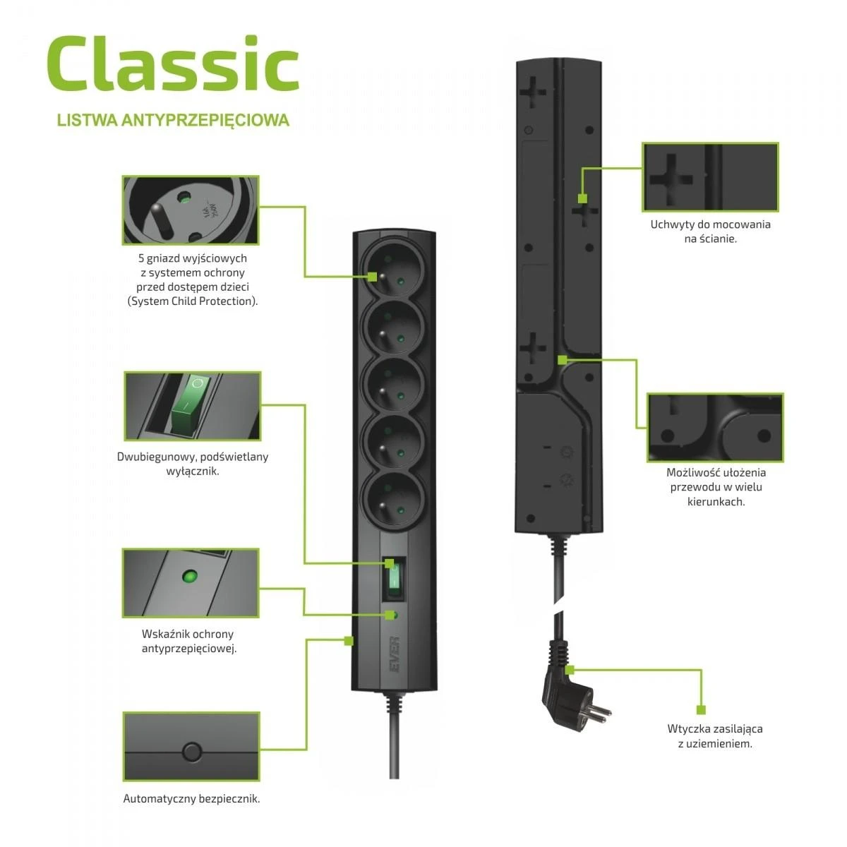 Ilgiklis - Ever Classic 3m Juodas 5 AC Lizdai 250V