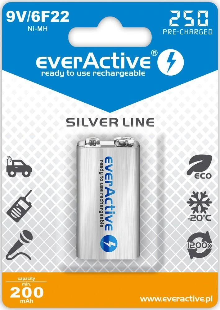 everActive Sidabrinis linija paruošta naudojimui 9V 250mAh akumuliatorius, 1 vnt.