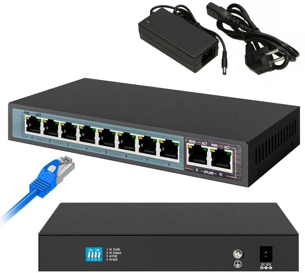 Šakotuvas EXTRALINK CERES 8 prievadų FastEthernet nevaldomas 96 W PoE jungiklis + 2x FE Up-Link