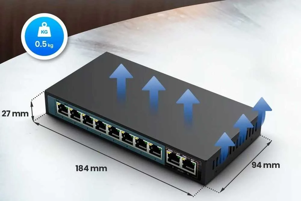 Šakotuvas EXTRALINK CERES 8 prievadų FastEthernet nevaldomas 96 W PoE jungiklis + 2x FE Up-Link