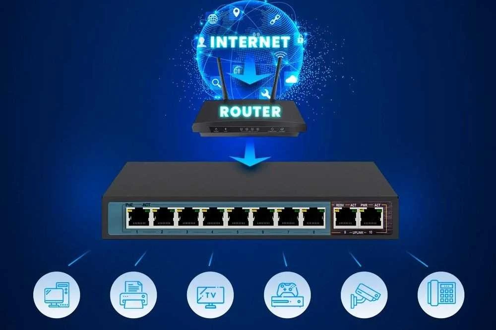 Šakotuvas EXTRALINK CERES 8 prievadų FastEthernet nevaldomas 96 W PoE jungiklis + 2x FE Up-Link