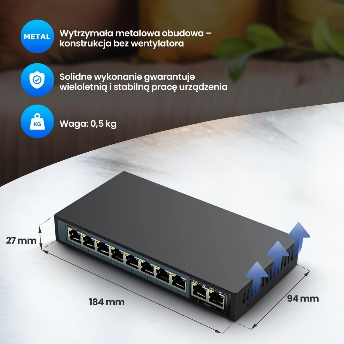 Šakotuvas EXTRALINK CERES 8 prievadų FastEthernet nevaldomas 96 W PoE jungiklis + 2x FE Up-Link