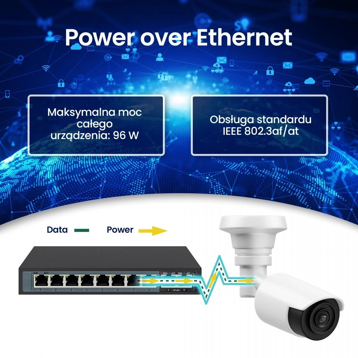 Šakotuvas EXTRALINK CERES 8 prievadų FastEthernet nevaldomas 96 W PoE jungiklis + 2x FE Up-Link
