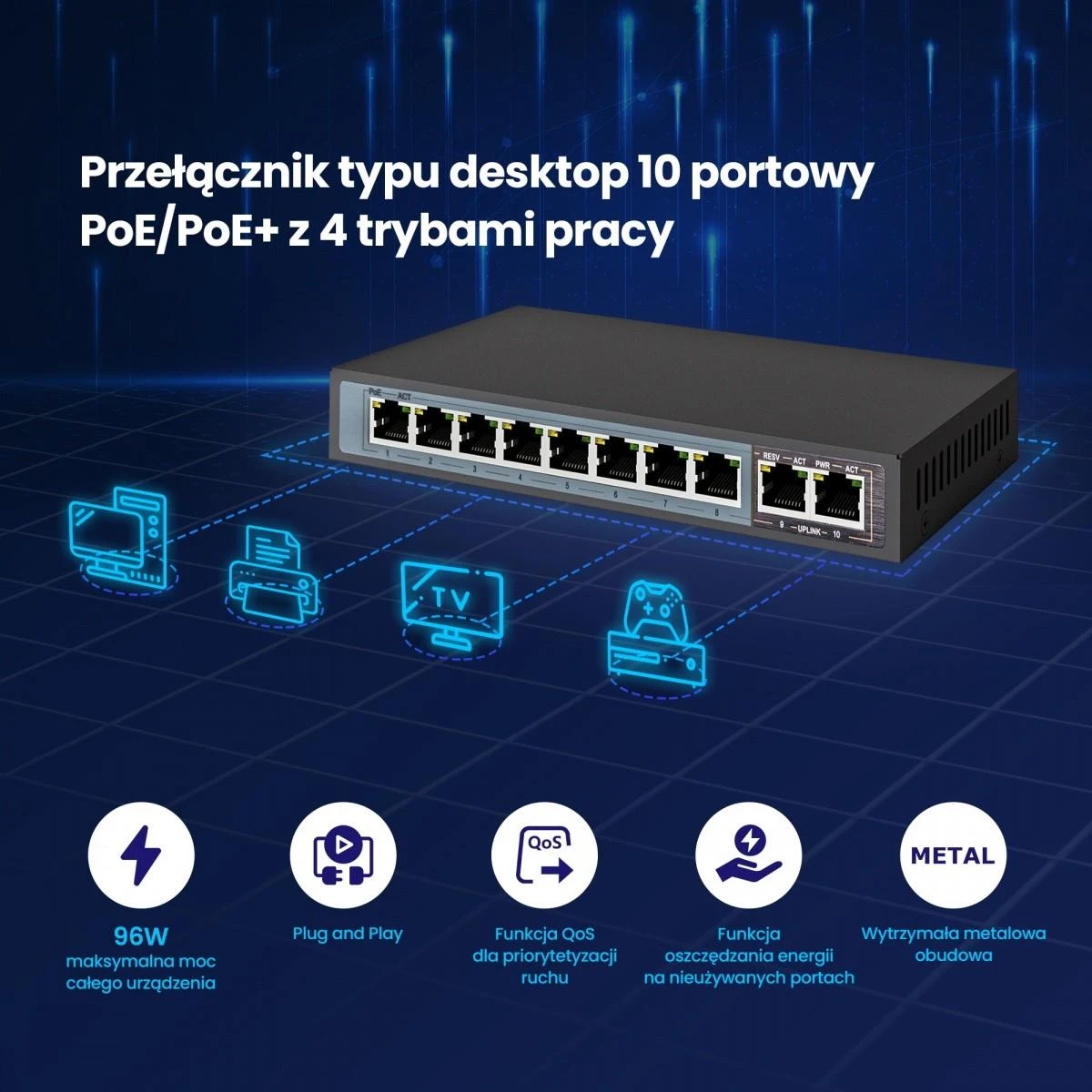 Šakotuvas EXTRALINK CERES 8 prievadų FastEthernet nevaldomas 96 W PoE jungiklis + 2x FE Up-Link