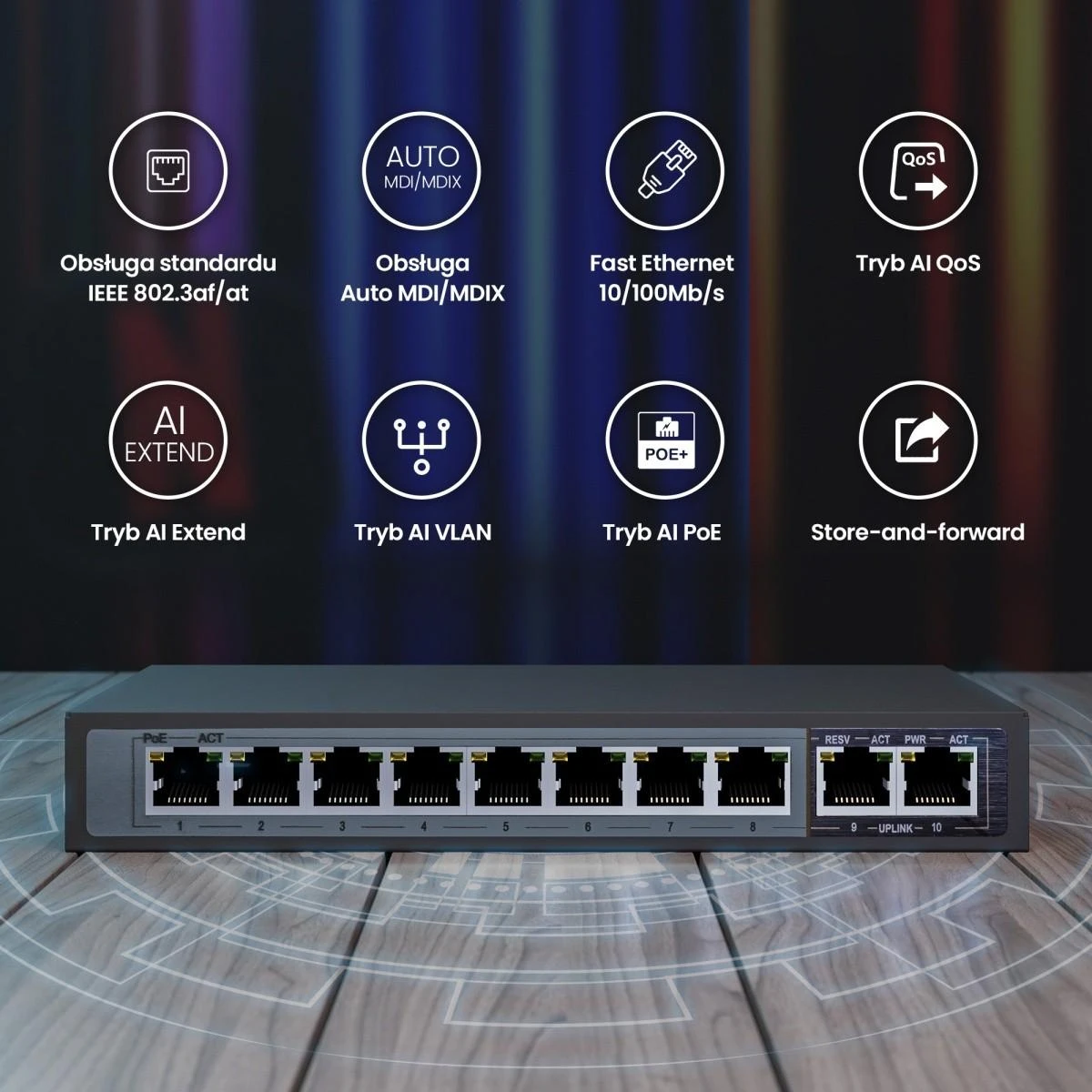Šakotuvas EXTRALINK CERES 8 prievadų FastEthernet nevaldomas 96 W PoE jungiklis + 2x FE Up-Link