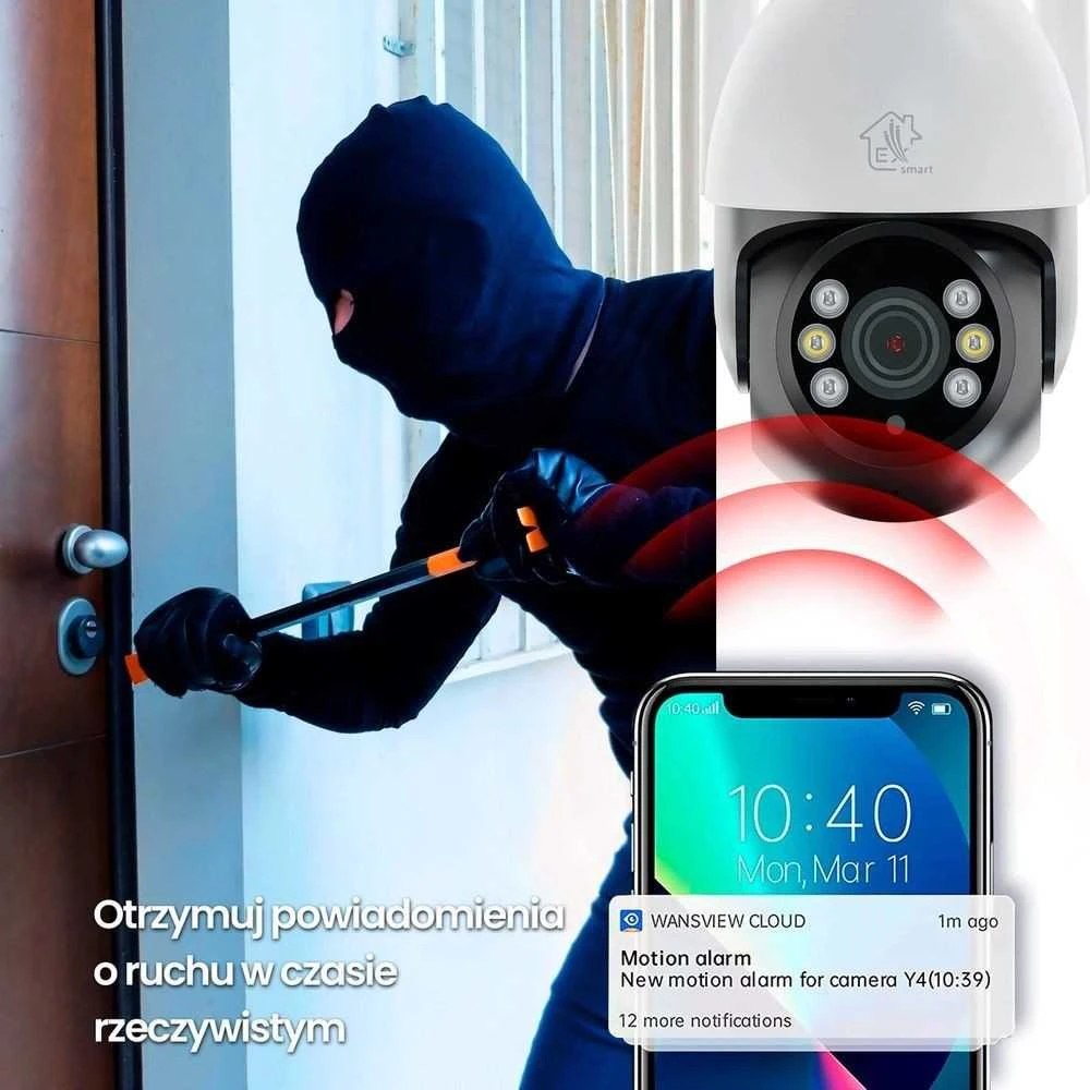 Bevielė išmanioji Wi-Fi lauko kamera, 3MP, 12V DC, valdoma PTZ 310°, IP65, balta, TUYA, Smart Life, Extralink