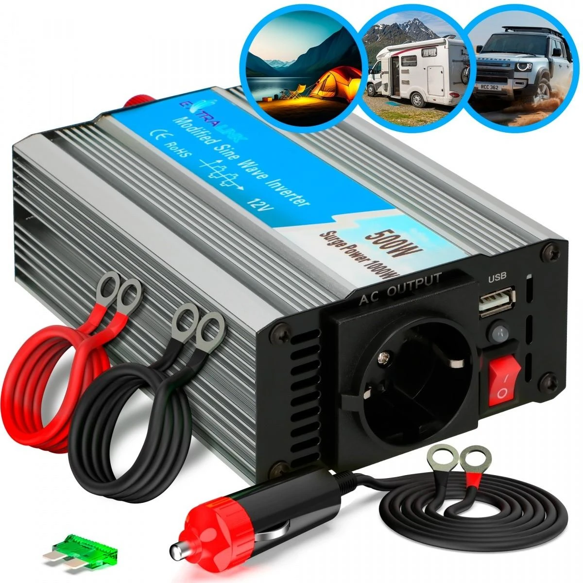 EXTRALINK automobilio įtampos keitiklis 12V-230V 500W modifikuotas sinusas OPIM-500W