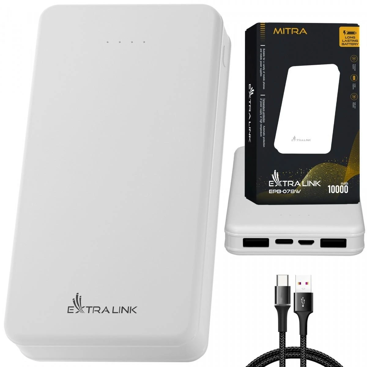 Extralink EPB-078W 10000mAh Baltas | Nešiojamoji baterija | Nešiojamoji baterija, USB-C