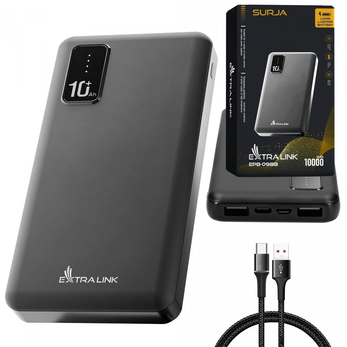 Extralink EPB-098B 10000mAh Juodas | Powerbank | Maitinimo blokas, USB-C