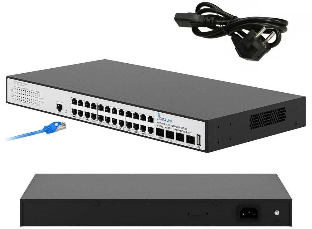 Šakotuvas Extralink Hypnos komutatorius, 24x RJ45 1000Mb/s, 4x SFP+, L3, valdomas
