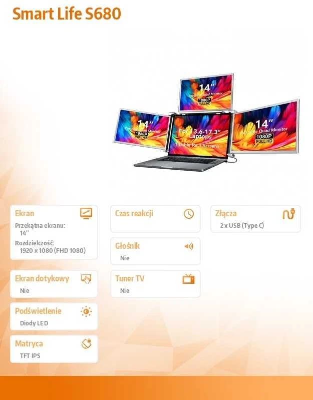 Monitorius Extralink Smart Life S680 14" | Nešiojami nešiojamojo kompiuterio monitoriai | 3 monitoriai, IPS, 1080p Full HD