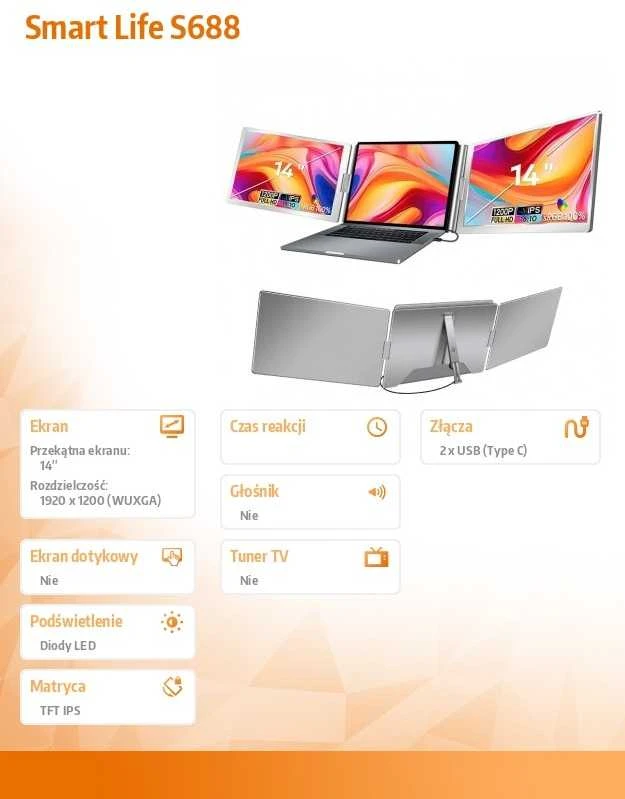 Monitorius Extralink Smart Life S688 14" | Nešiojami nešiojamojo kompiuterio monitoriai | 2 monitoriai, IPS, 1920x1200