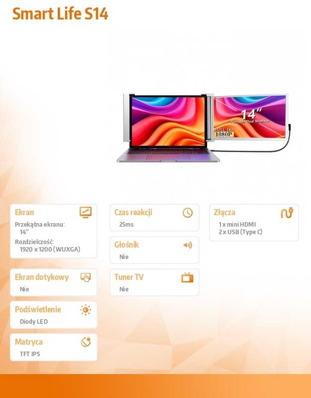 Monitorius „Extralink Smart Life S14 14“ | Nešiojamieji nešiojamųjų kompiuterių monitoriai | 2 monitoriai, IPS, 1920 x 1200