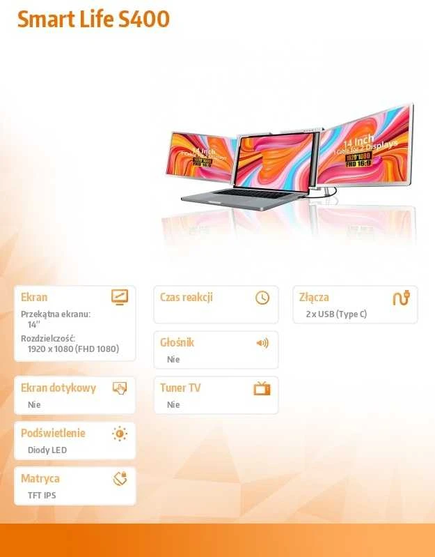 Monitorius Extralink Smart Life S400 14" | Nešiojami nešiojamojo kompiuterio monitoriai | 2 monitoriai, IPS, 1080p Full HD