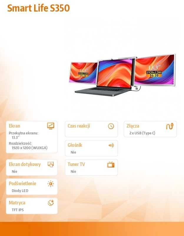 Monitorius „Extralink Smart Life S350 13,3“ | Nešiojamieji nešiojamųjų kompiuterių monitoriai | 2 monitoriai. IPS. 1920 x 1200