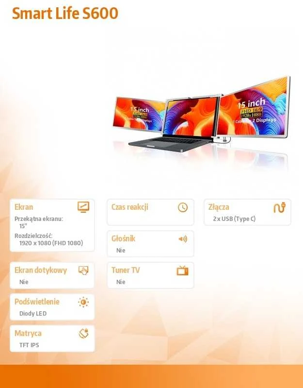 Monitorius Extralink Smart Life S600 15" | Nešiojami nešiojamojo kompiuterio monitoriai | 2 monitoriai, IPS, 1080p Full HD