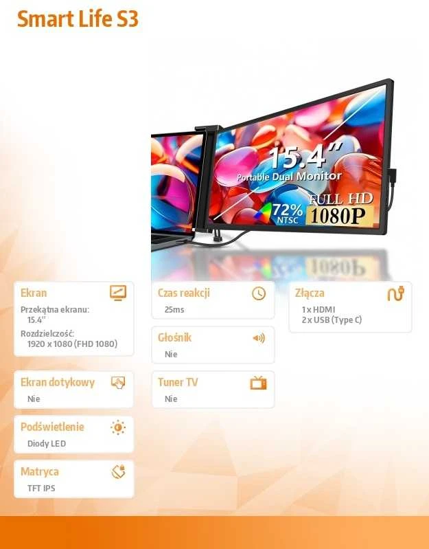 Extralink Smart Life S3 15.4" | Przenośny monitorius do laptopa | 1 monitorius, IPS, 1920x1080