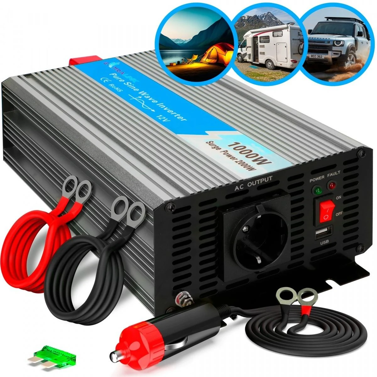 EXTRALINK įtampos keitiklis 12V-230V 1000W grynas sinusas OPIP-1000W