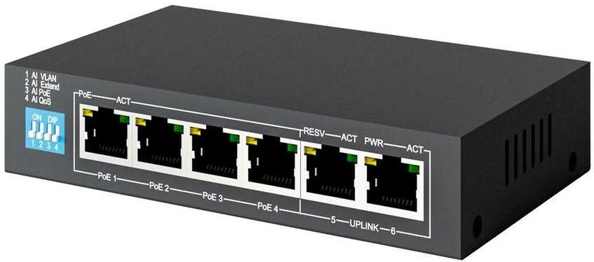 Šakotuvas EXTRALINK KRIOS 4 prievadų GbE Nevaldomas 802.3AF/AT 150 W PoE jungiklis + 1xRJ45 Up-Link