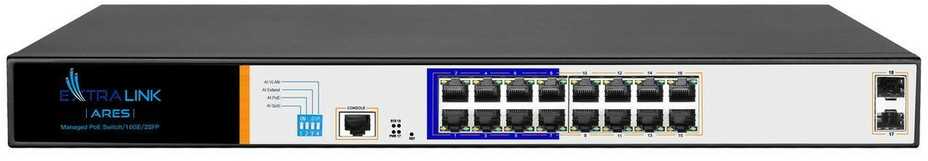 Šakotuvas Extralink ARES valdomas jungiklis 16xRJ45 GbE PoE/PoE+ 150W, 2x SFP, 19 colių stovas