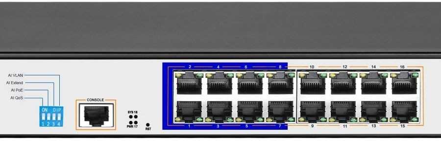 Šakotuvas Extralink ARES valdomas jungiklis 16xRJ45 GbE PoE/PoE+ 150W, 2x SFP, 19 colių stovas