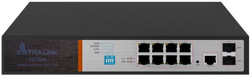 Šakotuvas Valdomas PoE jungiklis Extralink Victor, 8x Gigabit PoE/PoE+, 2x SFP, 150W