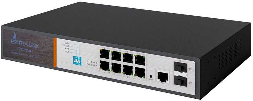 Šakotuvas Valdomas PoE jungiklis Extralink Victor, 8x Gigabit PoE/PoE+, 2x SFP, 150W